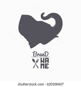Elephant hand drawn silhouette. Tea shop logo template for craft food packaging or brand identity. Vector illustration