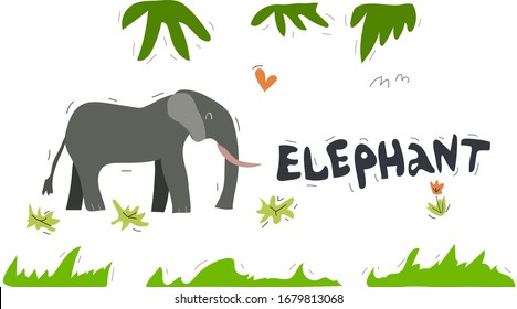 Elephant hand drawn vector illustration. African animal cartoon character with lettering, plant leaves. Jungle, rainforest, savanna mammal. Zoo, safari fauna. Travel postcard, kid book clipart