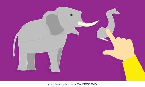 Elefante y mano sobre fondo púrpura. Ilustración vectorial en estilo plano.