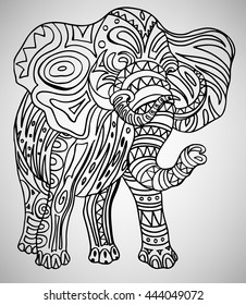 Elephant. Hand-drawn with ethnic pattern. Coloring page - isolated on a white background. Zendoodle patterns. Vector illustration.