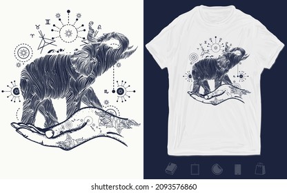 Elephant in the hands tattoo art sacral style t-shirt design. Symbol of meditation, tourism. Esoteric animals. Vector graphics template. Hand drawn illustration 