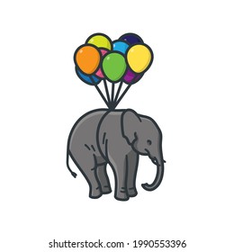 Elephant hanging on a bundle of balloons isolated vector illustration for Balloons Around The World Day on October 5