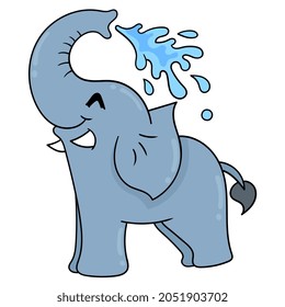 elephant is happy bathing squirting water from trunk, vector illustration art. doodle icon image kawaii.