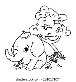 Elephant in a hat with snail on tail and mouse on a tree. Cartoon animal character vector illustration isolated on white background. For coloring page and book.