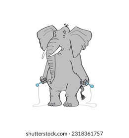 Der Elefant amüsiert sich beim Spielen mit dem Seil