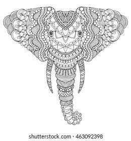 Elephant head. Adult antistress coloring page. Black white hand drawn doodle animal. Ethnic patterned vector. 