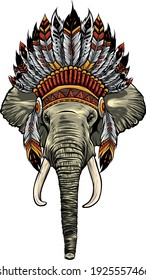 Elephant head with american indian chief headdress.