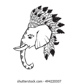 Elephant head with american indian chief headdress. Print for clothes, cards, picture banner for websites. Ethnic Indian ornaments.