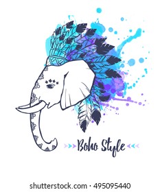 Elephant head with american indian chief headdress. Print for clothes, cards, picture banner for websites. Ethnic Indian ornaments.