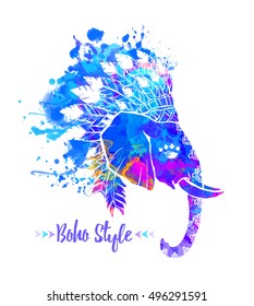 Elephant head with american indian chief headdress feather. Print for clothes, cards, picture banner for websites. Ethnic Indian ornaments. Vector illustration watercolor