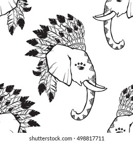Elephant head with american indian chief headdress pattern. Print for clothes, cards, picture banner for websites. Ethnic Indian ornaments.
