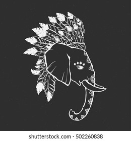 Elephant head with american indian chief headdress feather. Print for clothes, cards, picture banner for websites. Ethnic Indian ornaments. Vector illustration