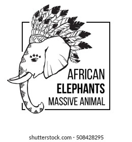 Elephant head with american indian chief headdress feather. Print for clothes, cards, picture banner for websites. Ethnic Indian ornaments. Vector illustration
