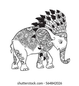Elephant head with american indian chief headdress. Print for clothes, cards, picture banner for websites. Ethnic Indian ornaments.