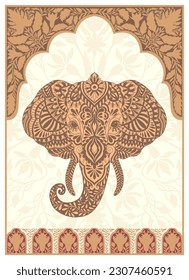 Elephant head in arch historical style. Sacred animal of Mughal and India. Hand drawn design in linear style. Vector illustration.