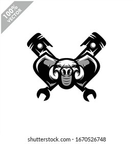Elephant head auto repair and custom Garage Vintage style logo. Design element for company logo, label, emblem, sign, apparel or other merchandise. Scalable and editable Vector illustration.