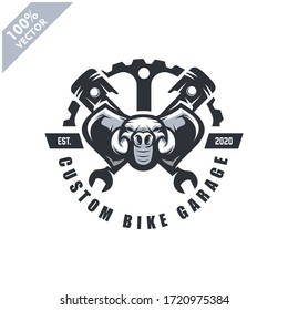 Elephant head auto repair and custom Garage Vintage style logo. Design element for company logo, label, emblem, sign, apparel or other merchandise. Scalable and editable Vector illustration.
