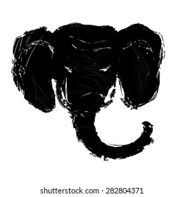 Elephant Head black silhouette. Grunge style, paint by brush vintage vector illustration. Inspired by legend of Ganesha, indian god of luck and and prosperity. Isolated on white, eps 10.