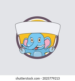Elephant Head Circle Label Bring Big Blank White Banner, Yellow Colors Background, Mascot, Icon, Character or Logo, Vector and Illustration.