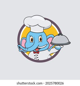 Elephant Head Circle Label Bring Food and Wear Chef Custom , Yellow Colors Background, Mascot, Icon, Character or Logo, Vector and Illustration.