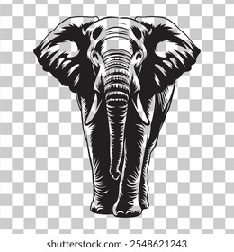 Elephant head clipart black and white on a transparent background