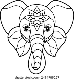 Elephant head coloring page kids friendly simple line art cute elephant  face with geometric flower mandala design pattern minimal clipart art KDP coloring interior