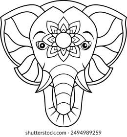 Elephant head coloring page kids friendly simple line art cute elephant  face with geometric flower mandala design pattern minimal clipart art KDP coloring interior