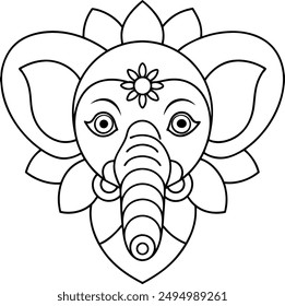 Elephant head coloring page kids friendly simple line art cute elephant  face with geometric flower mandala design pattern minimal clipart art KDP coloring interior