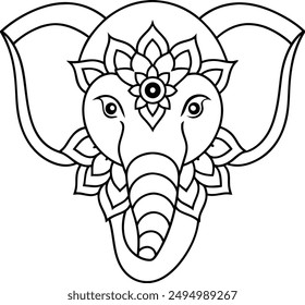 Elephant head coloring page kids friendly simple line art cute elephant  face with geometric flower mandala design pattern minimal clipart art KDP coloring interior