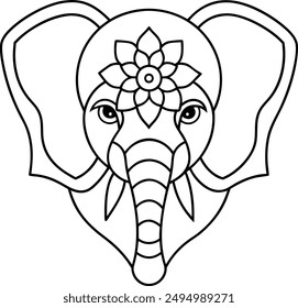 Elephant head coloring page kids friendly simple line art cute elephant  face with geometric flower mandala design pattern minimal clipart art KDP coloring interior