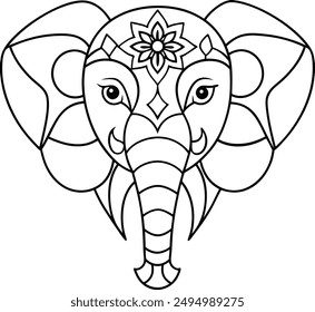 Elephant head coloring page kids friendly simple line art cute elephant  face with geometric flower mandala design pattern minimal clipart art KDP coloring interior