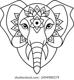 Elephant head coloring page kids friendly simple line art cute elephant  face with geometric flower mandala design pattern minimal clipart art KDP coloring interior