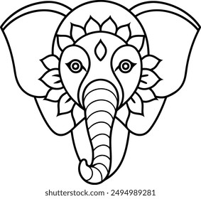 Elephant head coloring page kids friendly simple line art cute elephant  face with geometric flower mandala design pattern minimal clipart art KDP coloring interior