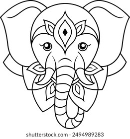 Elephant head coloring page kids friendly simple line art cute elephant  face with geometric flower mandala design pattern minimal clipart art KDP coloring interior