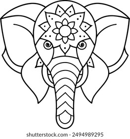 Elephant head coloring page kids friendly simple line art cute elephant  face with geometric flower mandala design pattern minimal clipart art KDP coloring interior