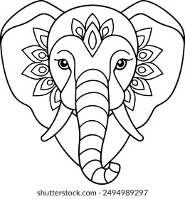 Elephant head coloring page kids friendly simple line art cute elephant  face with geometric flower mandala design pattern minimal clipart art KDP coloring interior