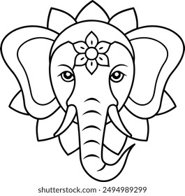 Elephant head coloring page kids friendly simple line art cute elephant  face with geometric flower mandala design pattern minimal clipart art KDP coloring interior