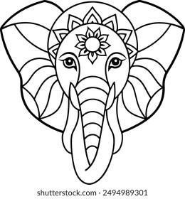 Elephant head coloring page kids friendly simple line art cute elephant  face with geometric flower mandala design pattern minimal clipart art KDP coloring interior