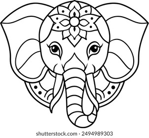 Elephant head coloring page kids friendly simple line art cute elephant  face with geometric flower mandala design pattern minimal clipart art KDP coloring interior