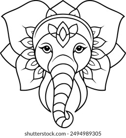 Elephant head coloring page kids friendly simple line art cute elephant  face with geometric flower mandala design pattern minimal clipart art KDP coloring interior