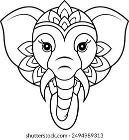 Elephant head coloring page kids friendly simple line art cute elephant  face with geometric flower mandala design pattern minimal clipart art KDP coloring interior