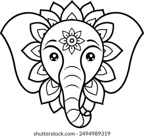 Elephant head coloring page kids friendly simple line art cute elephant  face with geometric flower mandala design pattern minimal clipart art KDP coloring interior