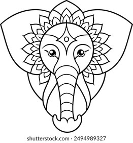 Elephant head coloring page kids friendly simple line art cute elephant  face with geometric flower mandala design pattern minimal clipart art KDP coloring interior