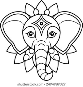 Elephant head coloring page kids friendly simple line art cute elephant  face with geometric flower mandala design pattern minimal clipart art KDP coloring interior