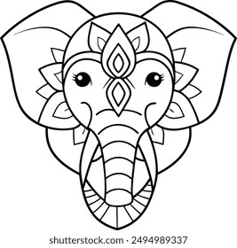 Elephant head coloring page kids friendly simple line art cute elephant  face with geometric flower mandala design pattern minimal clipart art KDP coloring interior