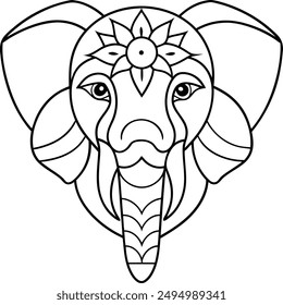 Elephant head coloring page kids friendly simple line art cute elephant  face with geometric flower mandala design pattern minimal clipart art KDP coloring interior