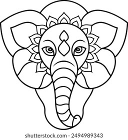 Elephant head coloring page kids friendly simple line art cute elephant  face with geometric flower mandala design pattern minimal clipart art KDP coloring interior