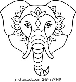 Elephant head coloring page kids friendly simple line art cute elephant  face with geometric flower mandala design pattern minimal clipart art KDP coloring interior