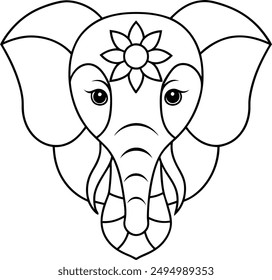 Elephant head coloring page kids friendly simple line art cute elephant  face with geometric flower mandala design pattern minimal clipart art KDP coloring interior