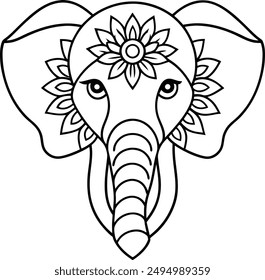 Elephant head coloring page kids friendly simple line art cute elephant  face with geometric flower mandala design pattern minimal clipart art KDP coloring interior